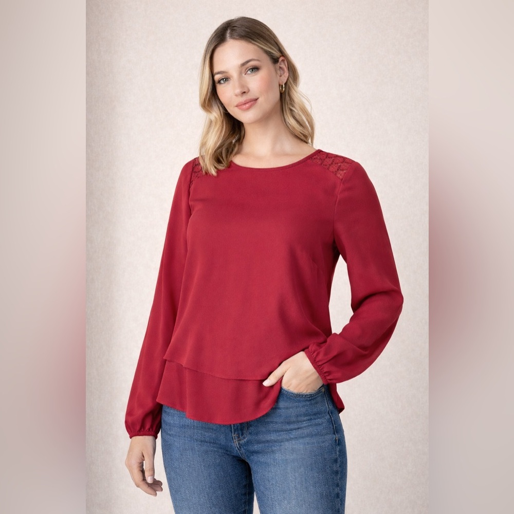 Suzy Shier Red Blouse with Elegant Lace